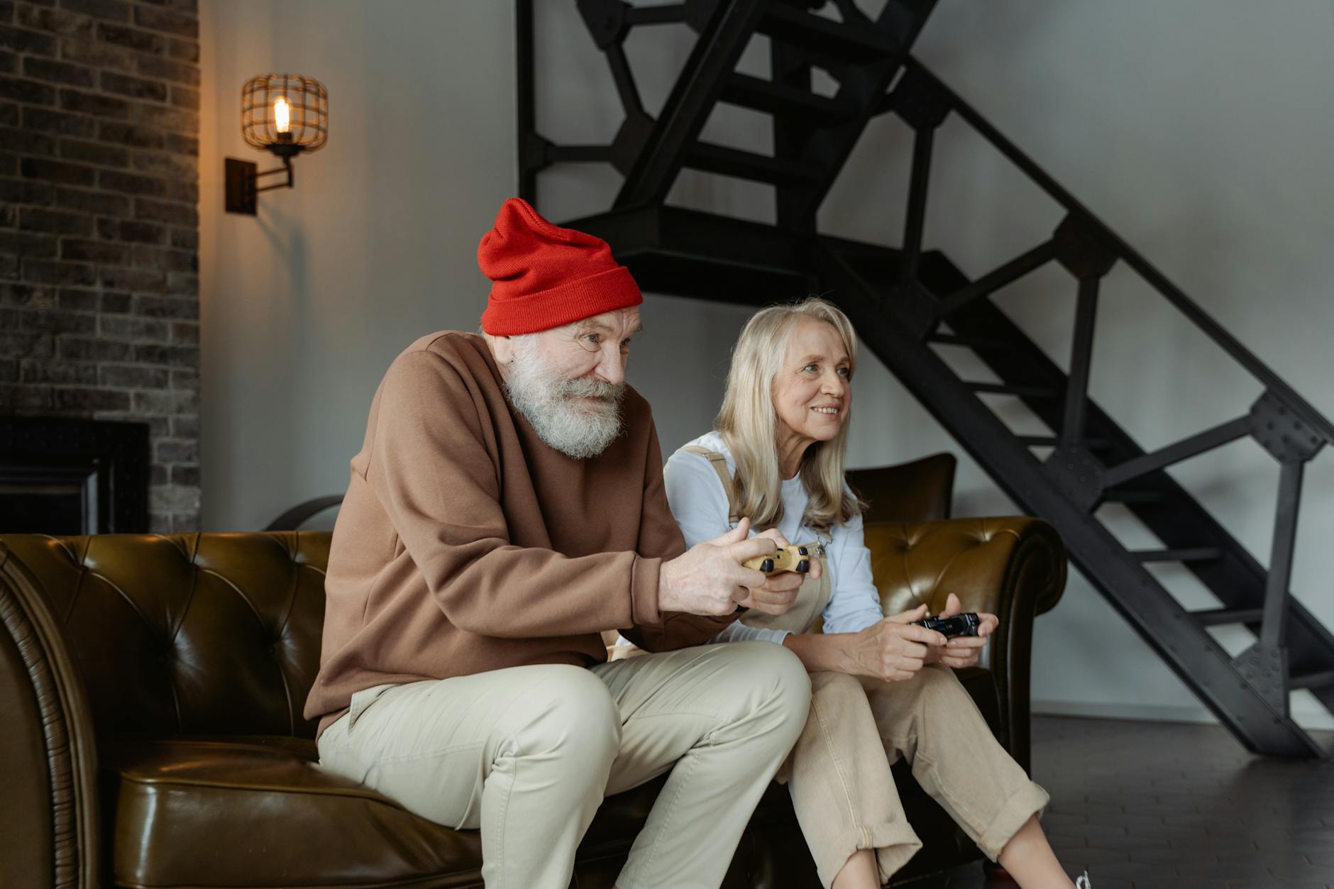 Older couple walking together outside a comfortable home